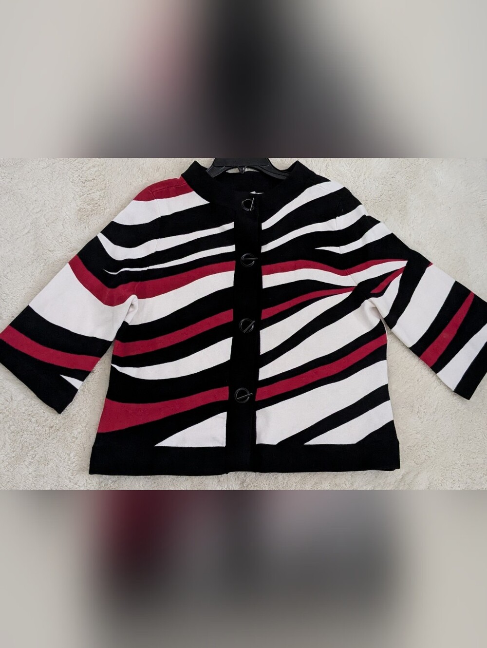 Chico's Black, White & Red Striped Button-Front Fall Cardigan Size 2
